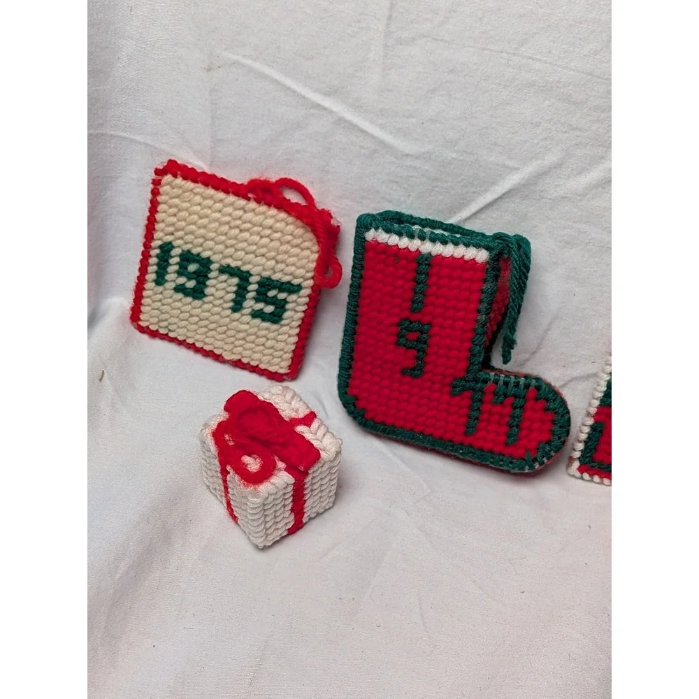 Vintage 1970s Plastic Canvas Christmas Ornaments Lot 7pc Handmade Stockings Noel